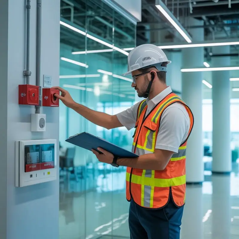 Approved civil defense contractor inspecting fire alarm system in UAE