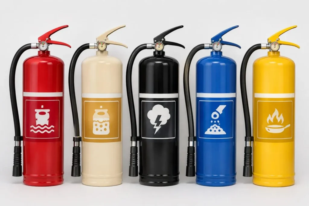 fire extinguisher uae types water foam co2 dry powder wet chemical