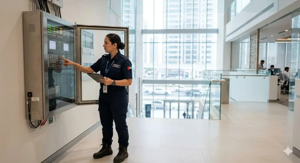 fire protection company uae fire safety engineer inspecting control panel