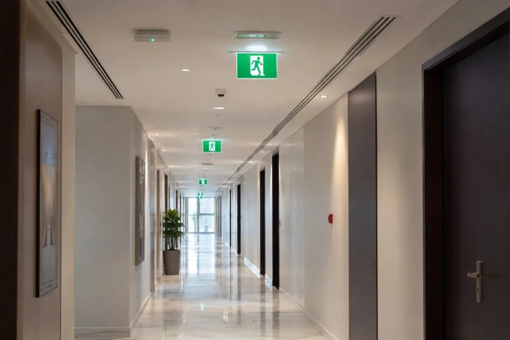emergency exit lights uae placement commercial building corridor