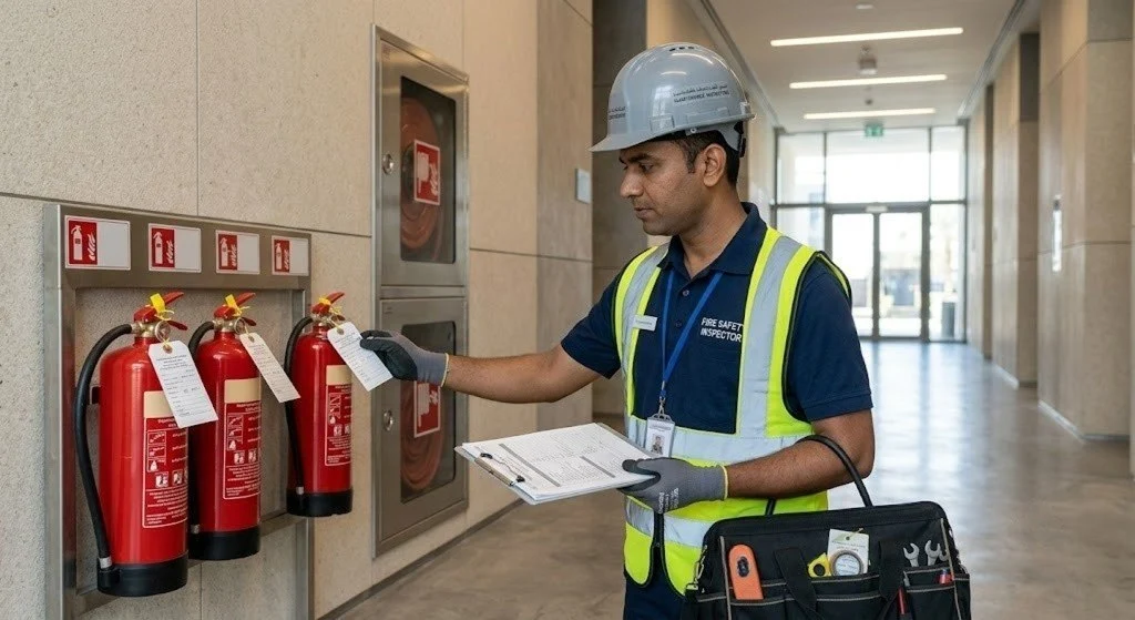 Fire extinguisher annual maintenance contract inspection and service tag check in a UAE building