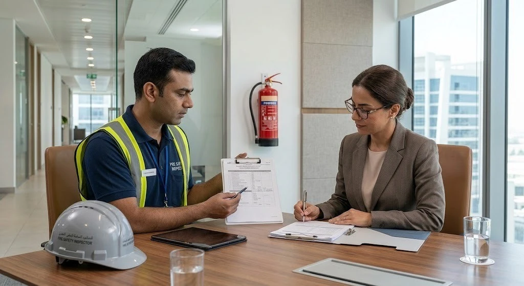 Fire extinguisher annual maintenance contractor reviewing service records in UAE